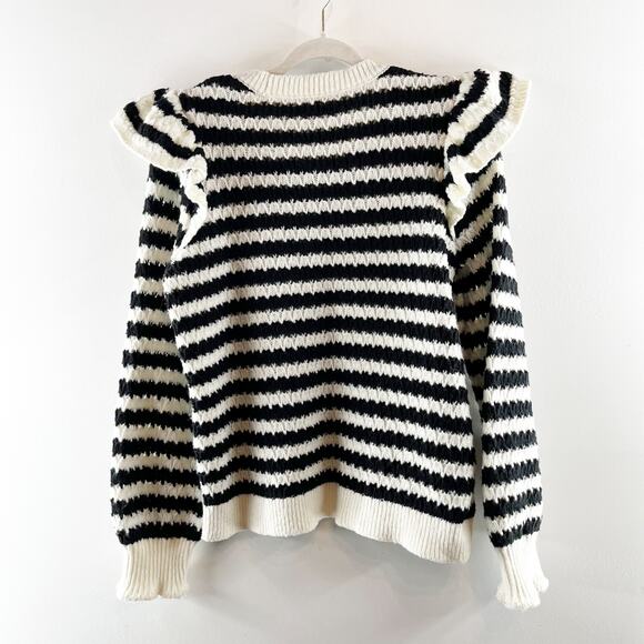LOFT Striped Long Sleeve Pointelle Knit Ruffle Shoulder Sweater White Black XL - Picture 4 of 5